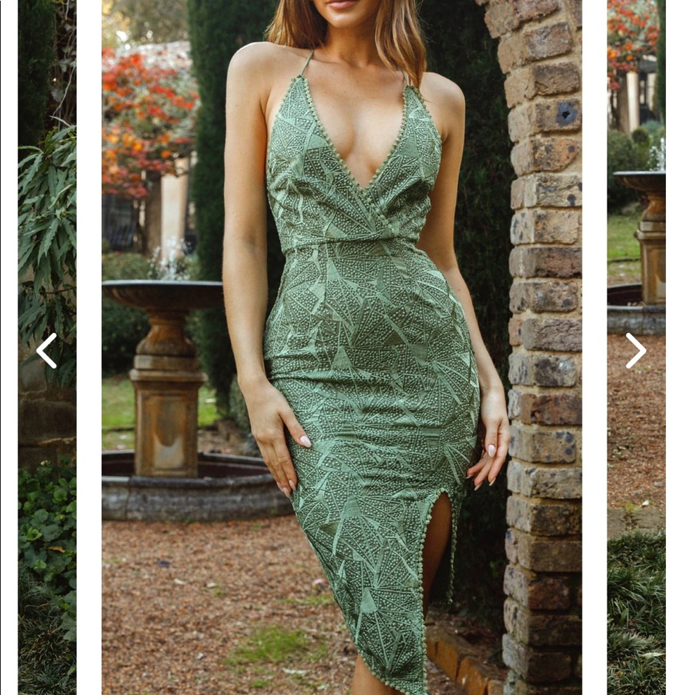 Selfie Leslie - FEARLESS ASYMMETRICAL SPLIT HEM EMBROIDERED MIDI DRESS AVOCADO